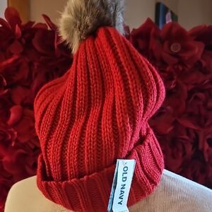 Old Navy Red Knit Pom-Pom Beanie